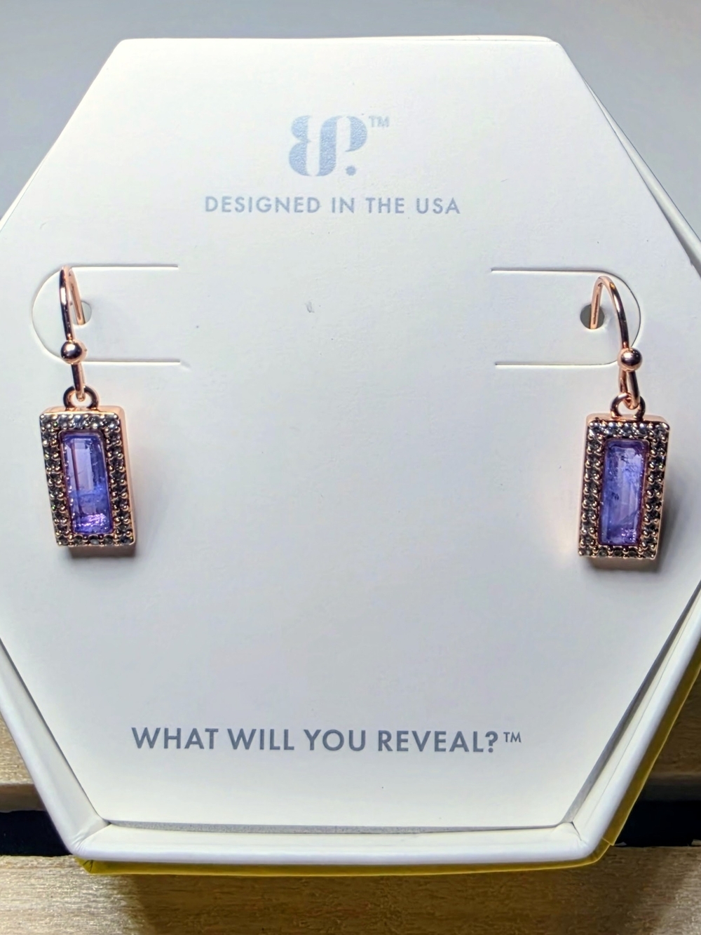 Rose Gold Drop Earrings with Lavender Rectangular Crystals